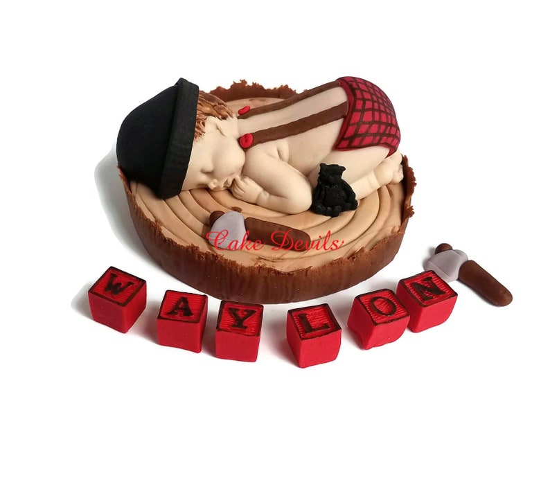 Lumberjack Baby Shower, Fondant Lumberjack Cake Topper, Woodland Sleeping Baby Cake Decoration, Handmade, Buffalo Plaid, Red Rustic, flannel image 2