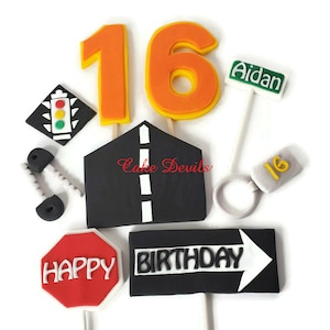 New Driver Fondant Cake Toppers, 16th Birthday Cake Decorations, Driver License or Permit, Road Sign birthday cake