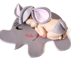 Fondant Elephant Baby Shower Cake Topper, Baby elephant, sleeping baby, Elephant Baby Cake Decoration, Baptism, Christening, Handmade Edible