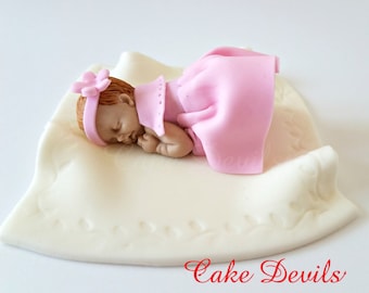 Fondant baby girl in dress Cake Topper, sleeping baby cake decoration, baby shower cake topper, Baptism, Christening, Handmade Edible, baby