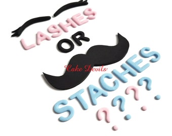 Lashes or Staches Gender Reveal Cake Topper, Fondant Pink or Blue Gender Reveal Party, Boy or Girl Baby Cake Decorations, Handmade Edible