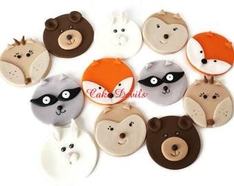 Woodland Animal Face Cupcake Toppers, Deer, Fox, Bunny Rabbit, Bear, Raccoon, Chipmunk, Handmade Edible Sugar Cupcake Decorations, Fondant