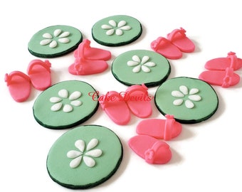 Fondant Spa themed Cupcake Toppers, Cucumber Slices and Spa Slippers Cake Toppers