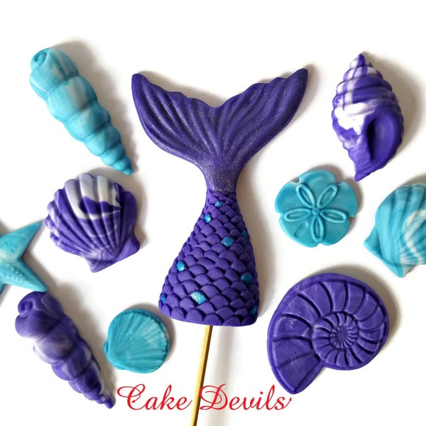 Mermaid Cake Topper set, Fondant Mermaid Tail Cake Topper, Mermaid and Sea Shells Cake Decorations, Handmade Edible, Mermaid birthday party