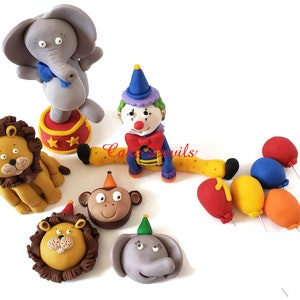 Fondant Circus Cake Toppers, Clown Cake Decoration, Animal Cake Decor, Elephant, lion, monkey, balloons Cake Decorations, Handmade Edible image 1