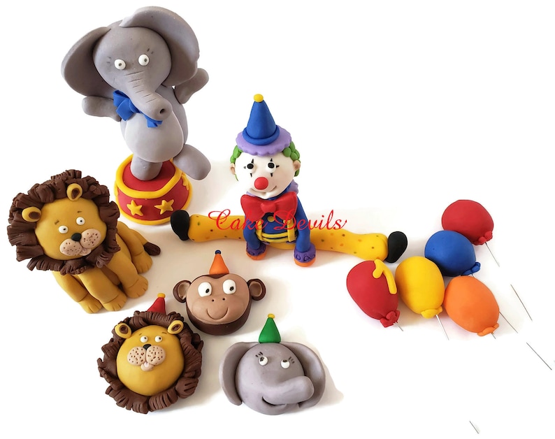 Fondant Circus Cake Toppers, Clown Cake Decoration, Animal Cake Decor, Elephant, lion, monkey, balloons Cake Decorations, Handmade Edible image 1