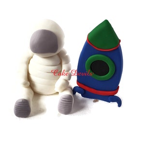 Fondant Astronaut and Rocket Ship Cake Toppers, Space Explorer Cake Decorations, Great for solar system or planets birthday Cake and more
