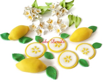 Fondant Lemons and Flowers Cake Toppers, Handmade stephanotis, agapanthus, Lemons, and Leaves Cake Decorations, Lemon Wedding Cake Decor