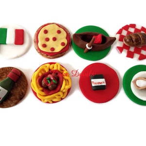 Italian Themed Cupcake Toppers, Fondant Cake Decorations, Italy Party, Bottle of Wine, Italian Flag, Gondola, Passport, Italian Food