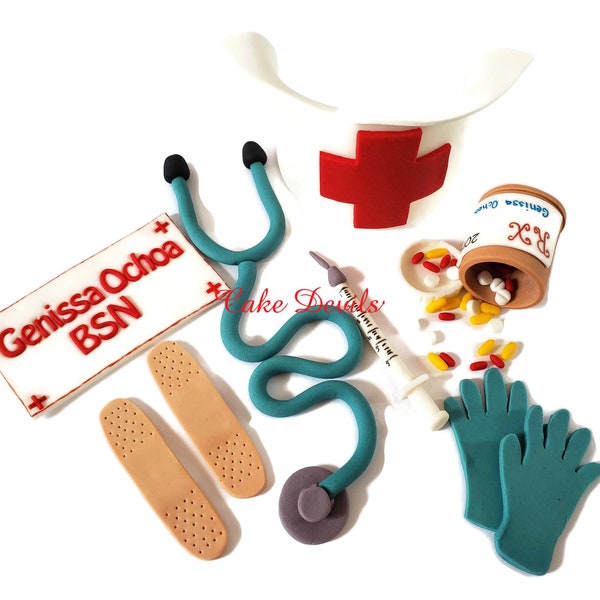 Nurse, Stethoscope, Pill Bottle, Medical Cake Topper Kit, Fondant, Handmade Edible, Hospital, Doctor Cake Decorations