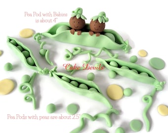 Adorno para tarta de baby shower con dos guisantes en una vaina, decoración para tarta con forma de vaina de guisantes en fondant, ¡perfecto para gemelos o un futuro hermano menor!