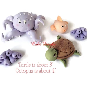 Fondant Sea Creatures Cake Topper set with Sea Turtle, Octopus, Fish, Seaweed Cake Decorations, Ocean birthday cake, baby shower, and more