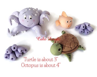 Fondant Sea Creatures Cake Topper set with Sea Turtle, Octopus, Fish, Seaweed Cake Decorations, Ocean birthday cake, baby shower, and more
