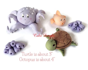 Topper de pastel de criaturas marinas fondant con tortuga marina, pulpo, pescado, decoraciones de pastel de algas, pastel de cumpleaños del océano, baby shower y más