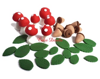 Fondant Woodland Cake Toppers, Mushrooms, Acorns, Leaves, Handmade Sugar Cake Decorations, Toadstool Mushrooms, Forest Cupcake Toppers