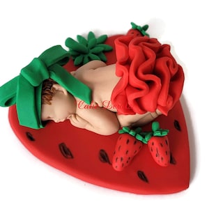 Strawberry Baby Shower Fondant Cake Topper, Strawberry Short Cake Baby With Ruffled Skirt Decoration, fruit, Tutti fruiti Handmade