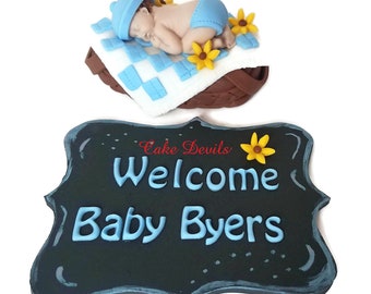 Picnic Baby Shower, Fondant Sleeping Baby Shower Cake Topper and Chalkboard Plaque, BBQ, Babyque, babyq, Handmade Edible Picnic Basket