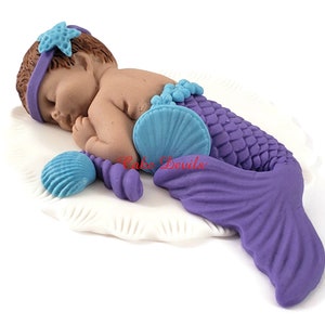 Mermaid Baby Shower Cake Topper, Fondant Baby girl, sleeping baby Mermaid Cake Decoration, Under the Sea theme, Handmade image 2