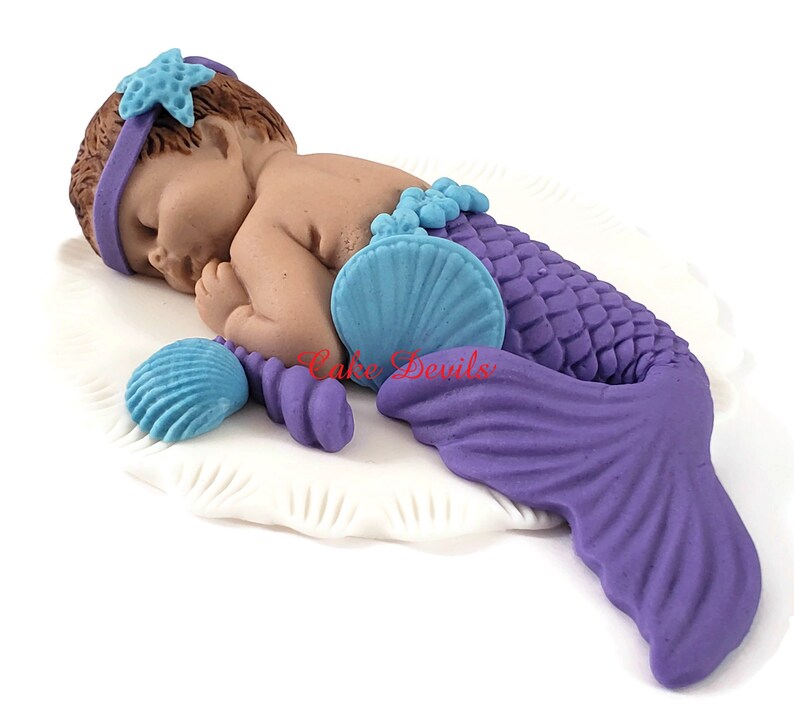 Mermaid Baby Shower Cake Topper, Fondant Baby girl, sleeping baby Mermaid Cake Decoration, Under the Sea theme, Handmade image 2