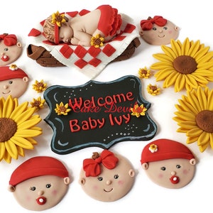 Picnic Baby Shower Cake Topper, Baby Face Cupcake Toppers, Fondant, Baby in Picnic Basket, Sunflowers, BBQ, Babyque, babyq