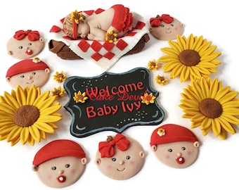 Picnic Baby Shower Cake Topper, Baby Face Cupcake Toppers, Fondant, Baby in Picnic Basket, Sunflowers, BBQ, Babyque, babyq