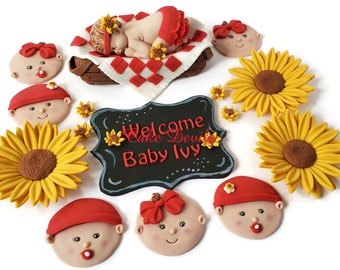 Picnic Baby Shower Cake Topper, Baby Face Cupcake Toppers, Fondant, Baby in Picnic Basket, Sunflowers, BBQ, Babyque, babyq