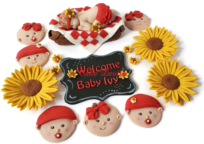 Picnic Baby Shower Cake Topper, Baby Face Cupcake Toppers, Fondant, Baby in Picnic Basket, Sunflowers, BBQ, Babyque, babyq bild 1