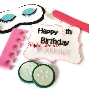 Fondant Spa Cake Toppers - Nail File, Cucumber Slices, Eye Mask, Nail Polish Plaque, Toe Separator, Spa Party, Birthday, Relaxation Party