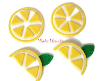 Fondant Lemon Slices Cupcake Toppers, Handmade Edible Lemons, Lemon and Leaves Cake Decorations, Lemon Wedding Cake Decor