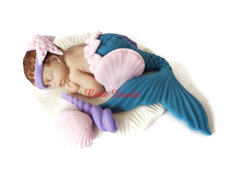 Mermaid Baby Shower Cake Topper, Fondant Baby girl, sleeping baby Mermaid Cake Decoration, Under the Sea theme, Handmade image 5