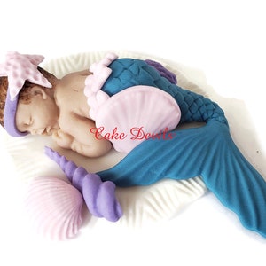 Mermaid Baby Shower Cake Topper, Fondant Baby girl, sleeping baby Mermaid Cake Decoration, Under the Sea theme, Handmade image 3