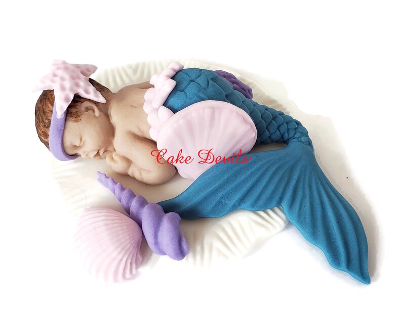 Mermaid Baby Shower Cake Topper, Fondant Baby girl, sleeping baby Mermaid Cake Decoration, Under the Sea theme, Handmade image 3