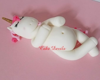 Fat Unicorn Fondant Cake Topper, Passed out Unicorn ate too much cake, Pink Hair, Girl Birthday Party Cake, Handmade Edible Cake Decorations