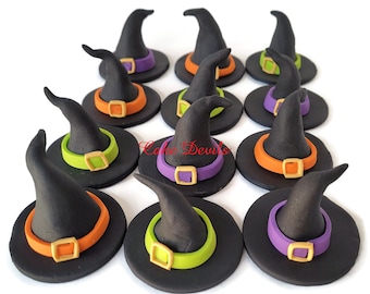 Adornos para cupcakes con forma de sombrero de bruja de fondant, decoraciones para tartas de Halloween, sombreros de bruja con bandas y hebillas, comestibles hechos a mano.