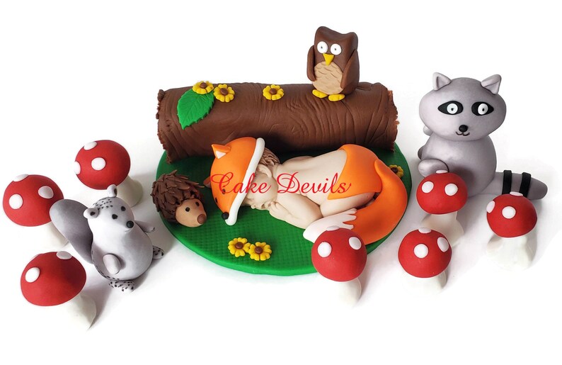 Woodland Animals Baby Shower Cake Toppers, Fondant Fox Baby Shower, Owl, Squirrel, Porcupine, Bear, Racoon, Handmade Forest Creatures image 5