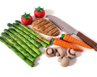 Chef's Cake Food Toppers, Fondant Chef's Knife cake Decorations, Fondant vegetables, chicken, carrots, Asparagus Cake, Tomatoes