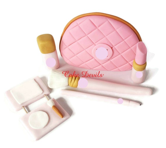Fondant Makeup Cake Toppers with Cosmetic Bag Cake Decorations, Make up