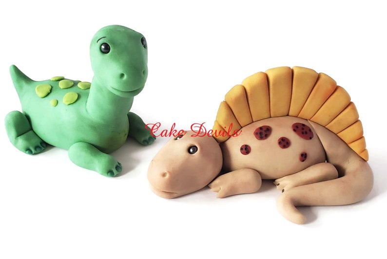 Fondant brontosaurus and Spinosaurus Dinosaur Cake Toppers, handmade Dinosaur Cake Decorations with Volcano, Dinosaur themed birthday party image 2