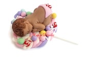 Candy Baby Shower Cake Topper, Lollipop Cake Decorations, Fondant Sleeping baby, Candy Land Baby Shower Decorations, Handmade Edible