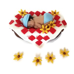 May include: A fondant baby figurine sleeping on a red and white checked blanket with yellow flower accents.
