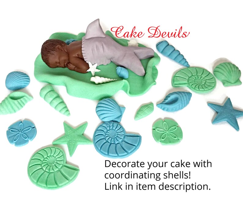 Fondant Shark Baby Shower Cake Topper, Under the Sea Baby Shower, Baby Shark Cake Decoration, Dolphin Baby Shower, Fondant shells image 4