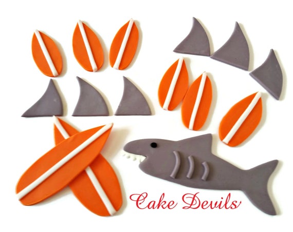 Surfboard And Shark Fin Fondant Cupcake Toppers Ocean Theme