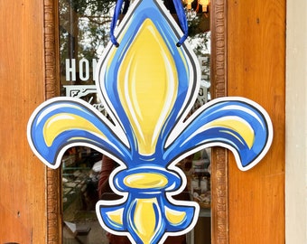 Blue and Yellow McNeese University Fleur De Lis Door Hanger, Home Malone, Louisiana Art, College Football, Home Malone, Wholesale, Made USA