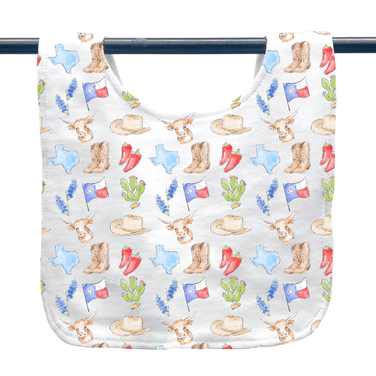 Texas Icons Baby Bib- Home Malone, New Orleans, Baby Shower Gift, Cute, Gender Neutral baby, Longhorn, Lone Star State, Bluebonnets, Boots