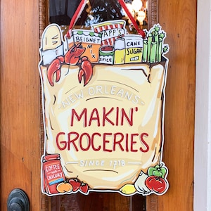Makin' Groceries Door Hanger - New Orleans Art, Kristin Malone, Southern Artist, NOLA, New Orleans Door Hanger, Door Decor, Grocery Bag
