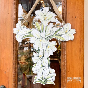 Easter Lily Door Hanger - Home Malone, New Orleans Art, Easter Decor, Peace Lily, Pretty Door Hanger, Communion Gift, Cross Door Hanger