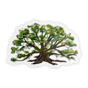 May include: A sticker featuring a watercolor illustration of a large oak tree. The tree has a thick, brown trunk and branches with lush green foliage. Spanish moss hangs from the branches, and the sticker has a white border.