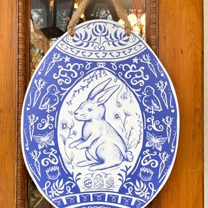 Chinoiserie Easter Egg Door Hanger - Home Malone, Easter Bunny, Ginger Jar, Pretty Easter Sign, Blue & White Door Decor, Wholesale, Made USA