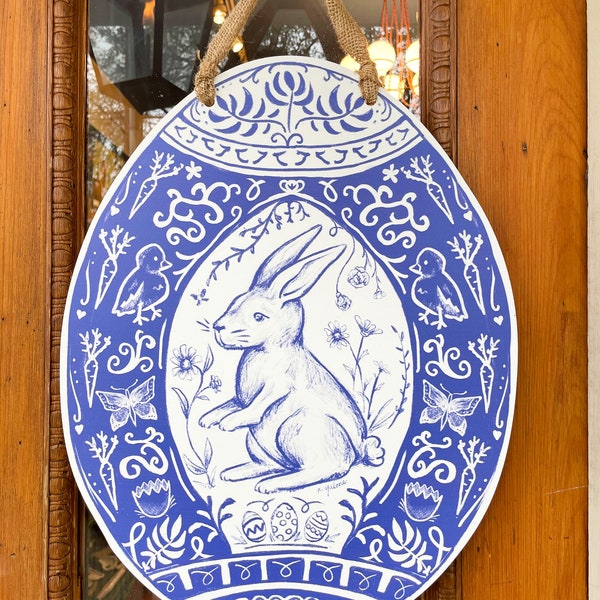 Chinoiserie Easter Egg Door Hanger - Home Malone, Easter Bunny, Ginger Jar, Pretty Easter Sign, Blue & White Door Decor, Wholesale, Made USA