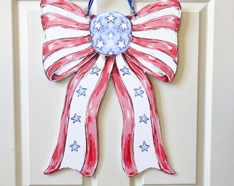 Patriotic Bow Door Hanger: Home Malone, New Orleans Artist, Red White and Blue Bow, Stars and Stripes Decor, 4th of July Door, Summer Door